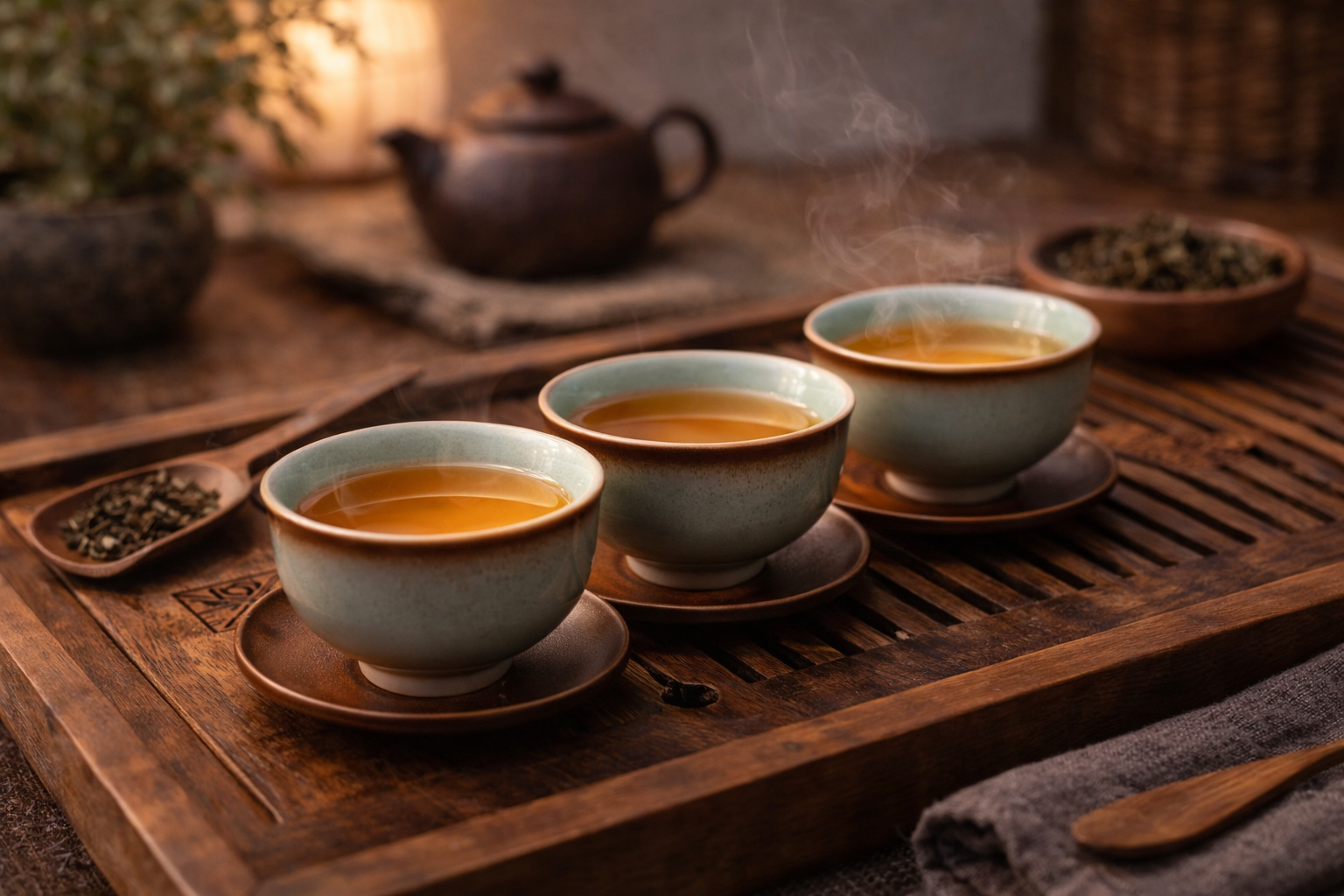 Refined tea cups arranged in a calm ceremonial tea setting