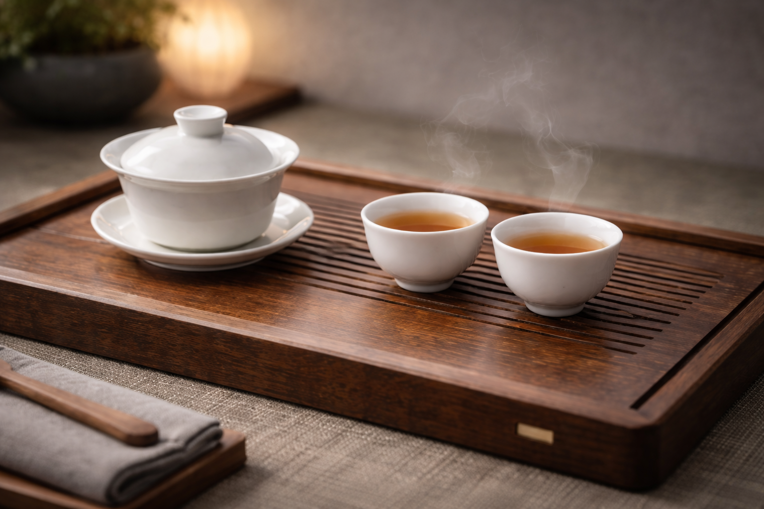 Minimal gongfu tea ceremony setup with gaiwan and porcelain cups on a wooden tea tray