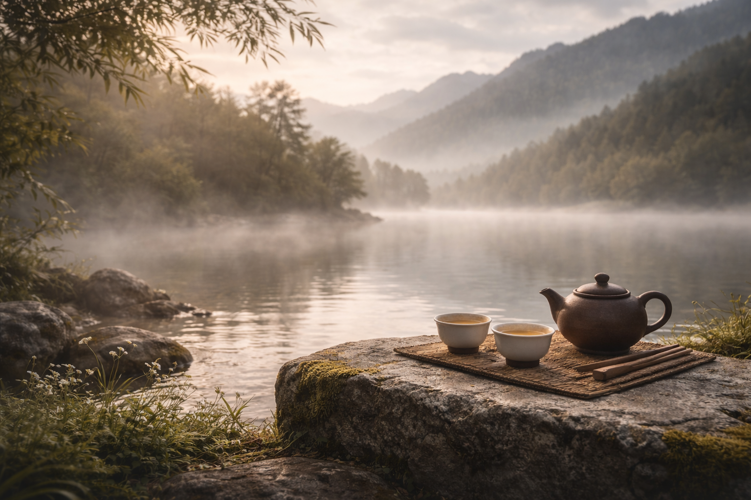 Teapot and tea cups arranged for calm gongfu tea brewing