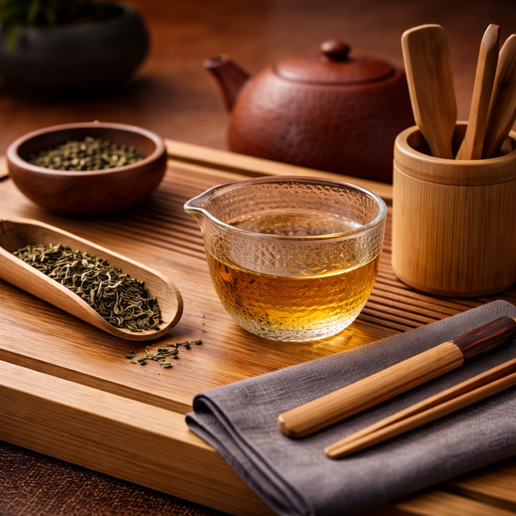 Tea ceremony set arranged with soft steam and natural textures