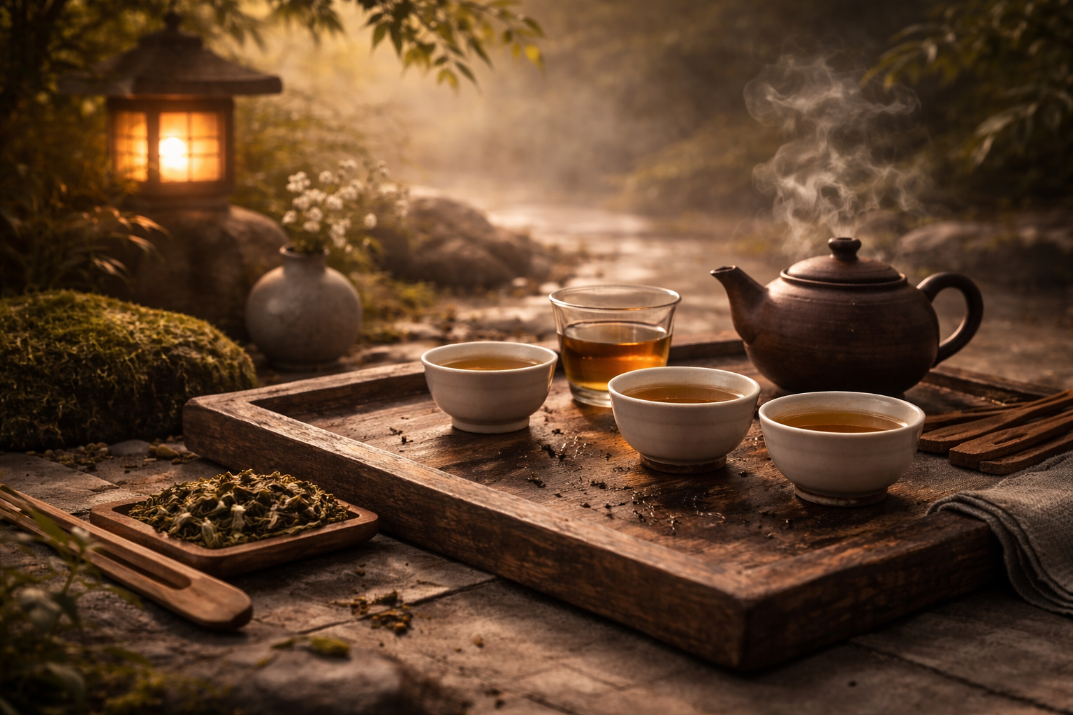 Atmospheric tea ceremony setting with warm light and steam