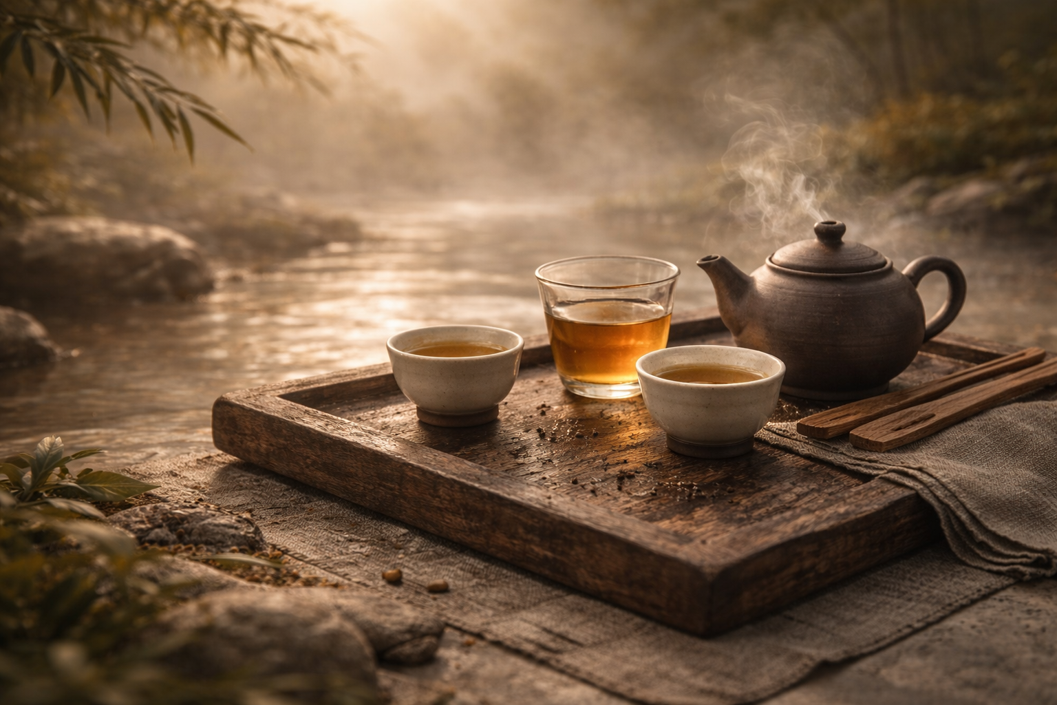 Complete tea ceremony set arranged in warm natural light