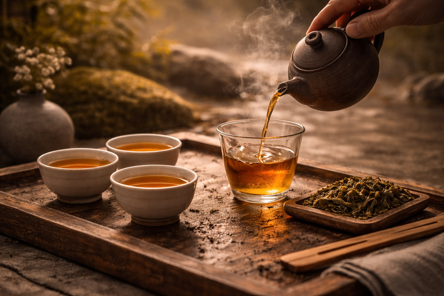 Tea being poured during a refined tea ceremony ritual