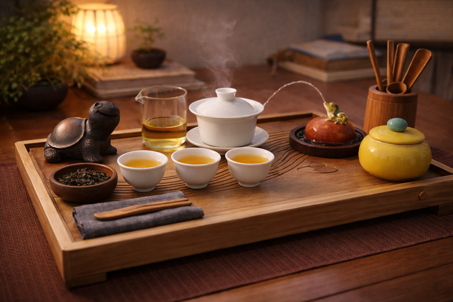 Calm tea ceremony setting with bamboo tray, steam, and ceremonial tools