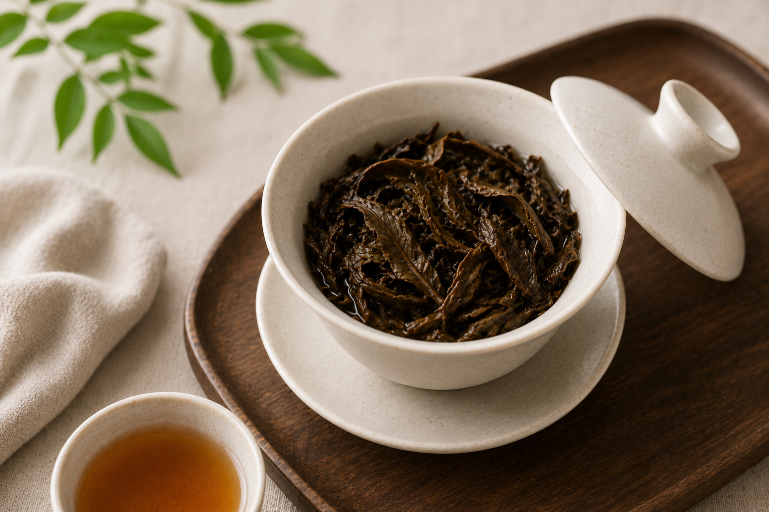 Loose leaf Shu Pu-erh tea prepared for gongfu tea brewing