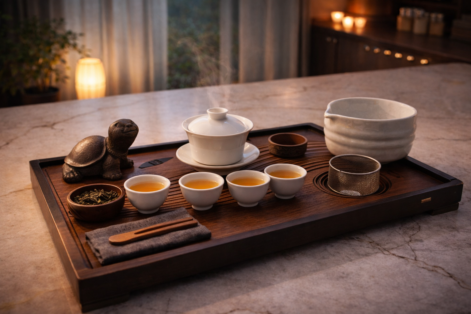 Tea being poured from a teapot into a fairness cup during tea ceremony