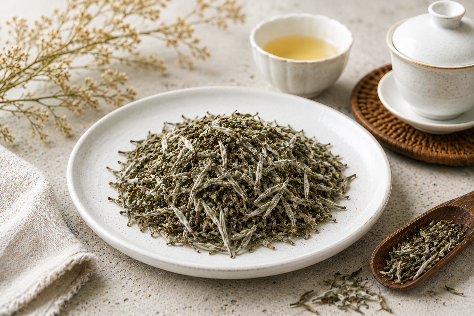 White tea leaves for soft and delicate ceremonial tea brewing