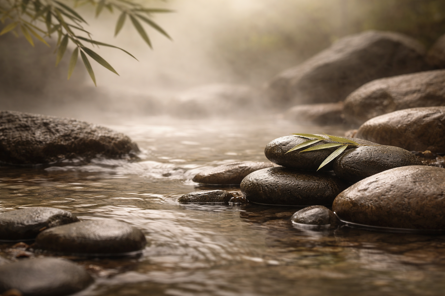 Calm tea ritual atmosphere with stones and flowing water